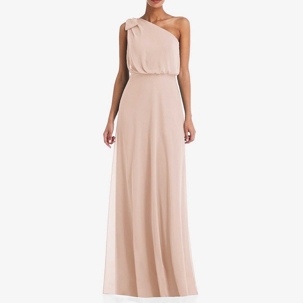 THREAD ONE-SHOULDER BOW BLOUSON BODICE MAXI DRESS IN CAMEO SIZE 18